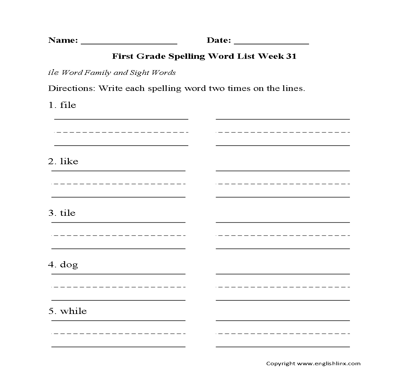 1st grade spelling words worksheet