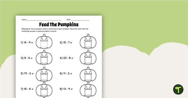 Feed the Pumpkins - 1st Grade Subtraction Worksheet | Teach Starter