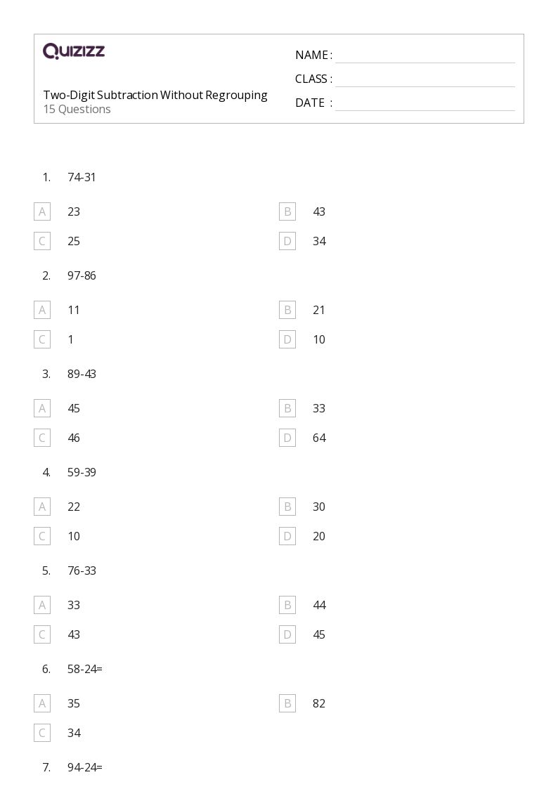 1st grade subtraction worksheet without regrouping