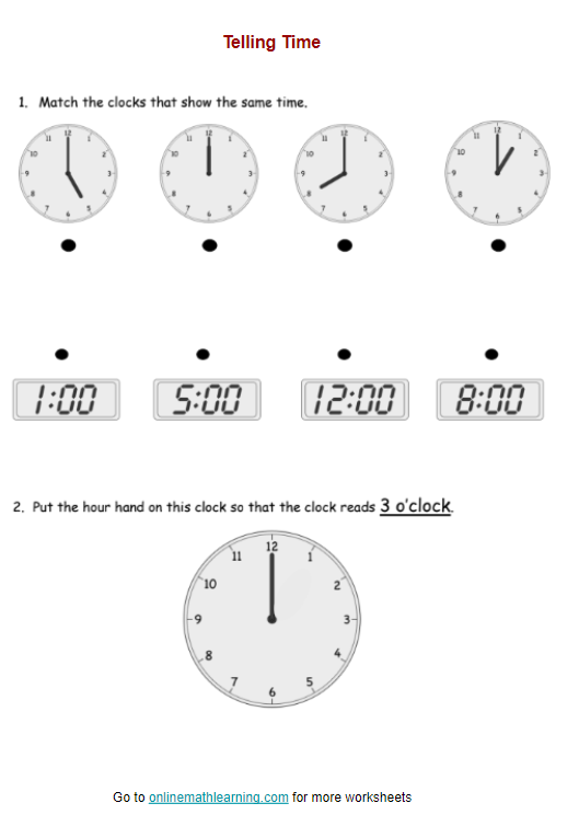 Telling Time Worksheets (First Grade, printable)