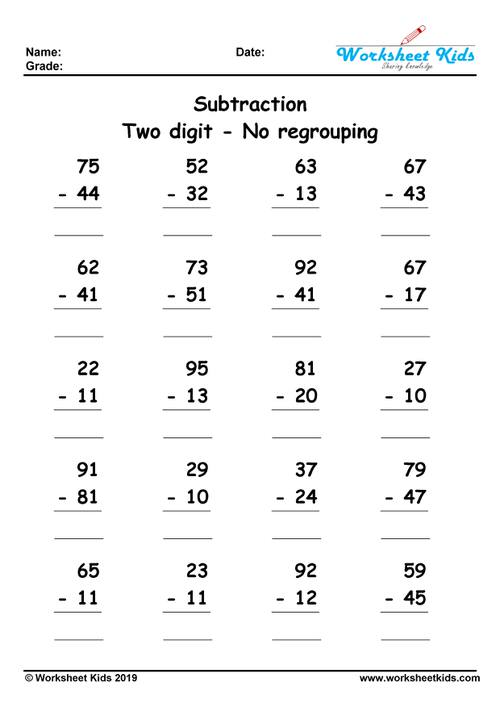 Two Digit Subtraction Without Regrouping Worksheets - Free printable