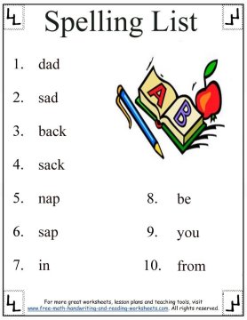 First Grade Spelling List - Short A Words