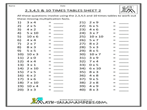 2 3 4 5 10 times tables worksheet