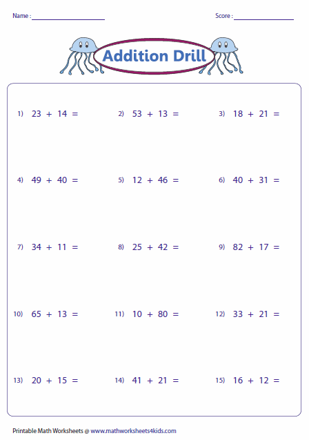 2 digit addition without regrouping horizontal worksheet