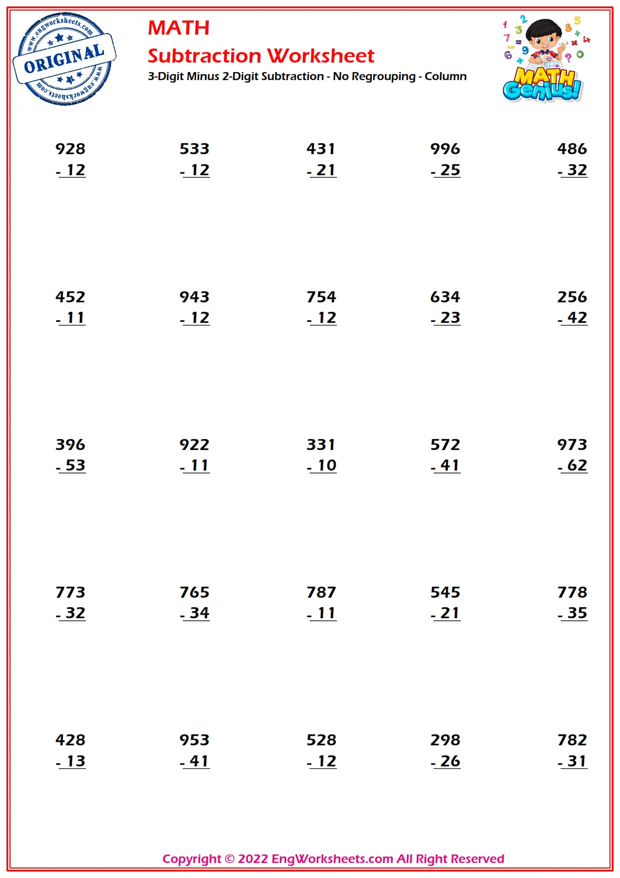 3-Digit Minus 2-Digit Subtraction - No Regrouping Worksheets and ...