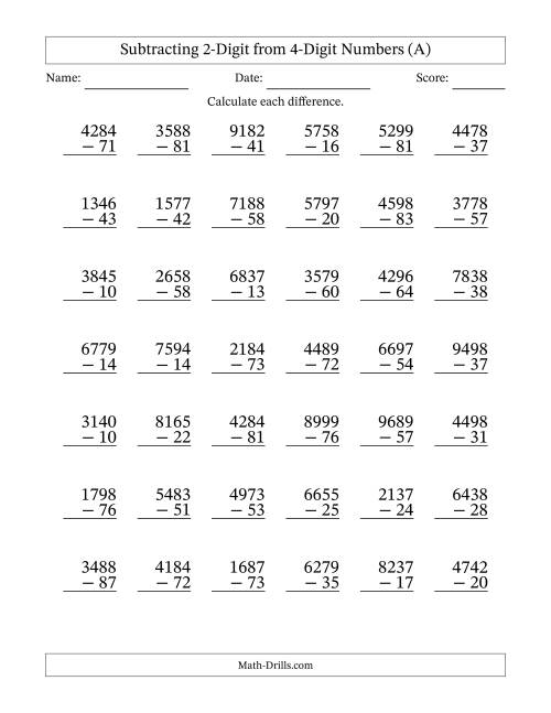 Subtracting 2-Digit from 4-Digit Numbers With No Regrouping (42 ...