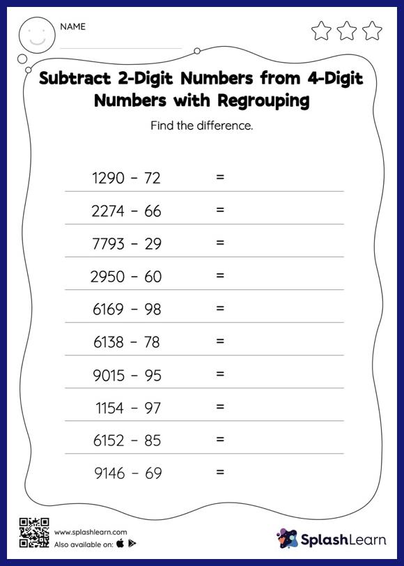 4-digit Subtraction with Regrouping Worksheets for Kids Online