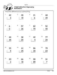 2 Digit Subtracting (Borrowing) Worksheets