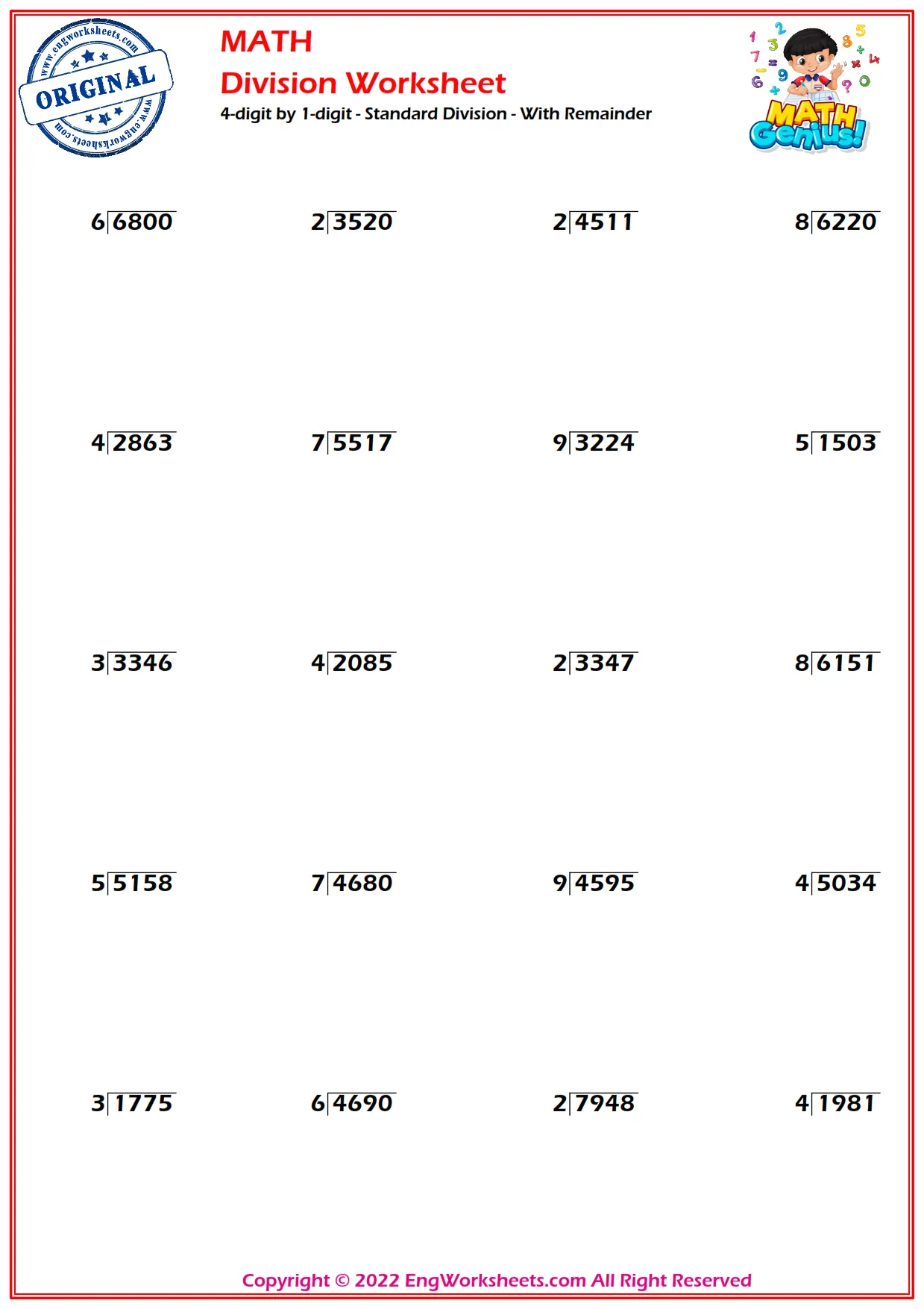 2 digit by 1 digit division with remainders worksheet
