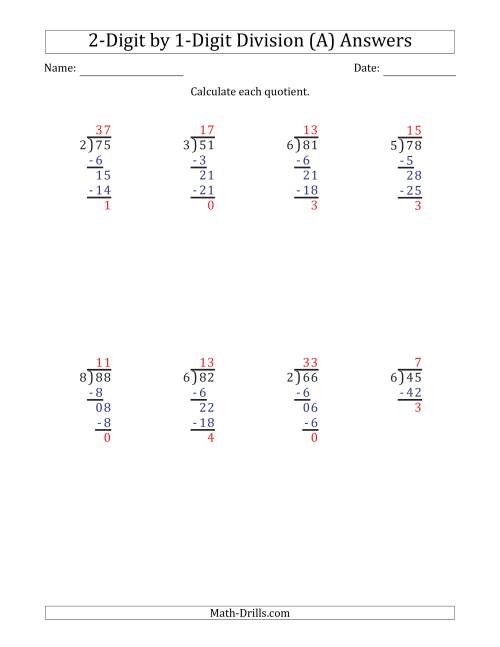 2 digit by 1 digit division with remainders worksheet