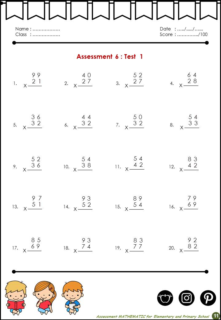 2 digit by 1 digit multiplication assessments