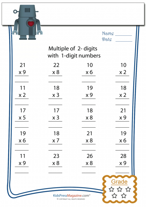 2 digit by 1 digit multiplication worksheet
