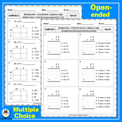 2 Digit by 2 Digit Multiplication Assessment Worksheets | Area ...