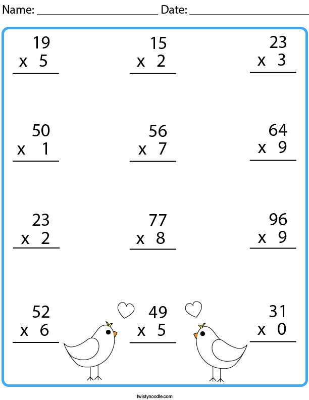 Multiplication- 2 Digit by 1 Digit Math Worksheet - Twisty Noodle