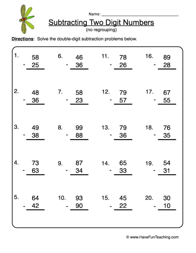Two Digit Subtraction No Regrouping Worksheet  