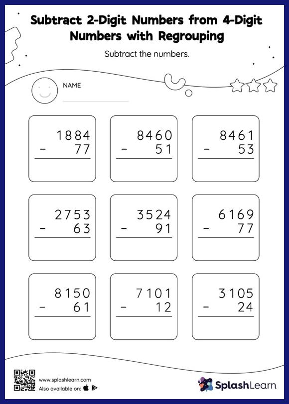 4-digit Subtraction with Regrouping Worksheets for Kids Online