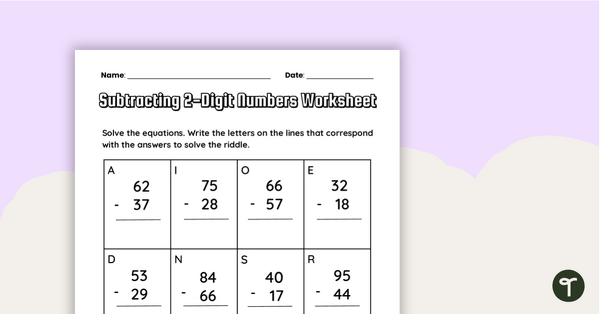 Subtracting 2-Digit Numbers Worksheet | Teach Starter