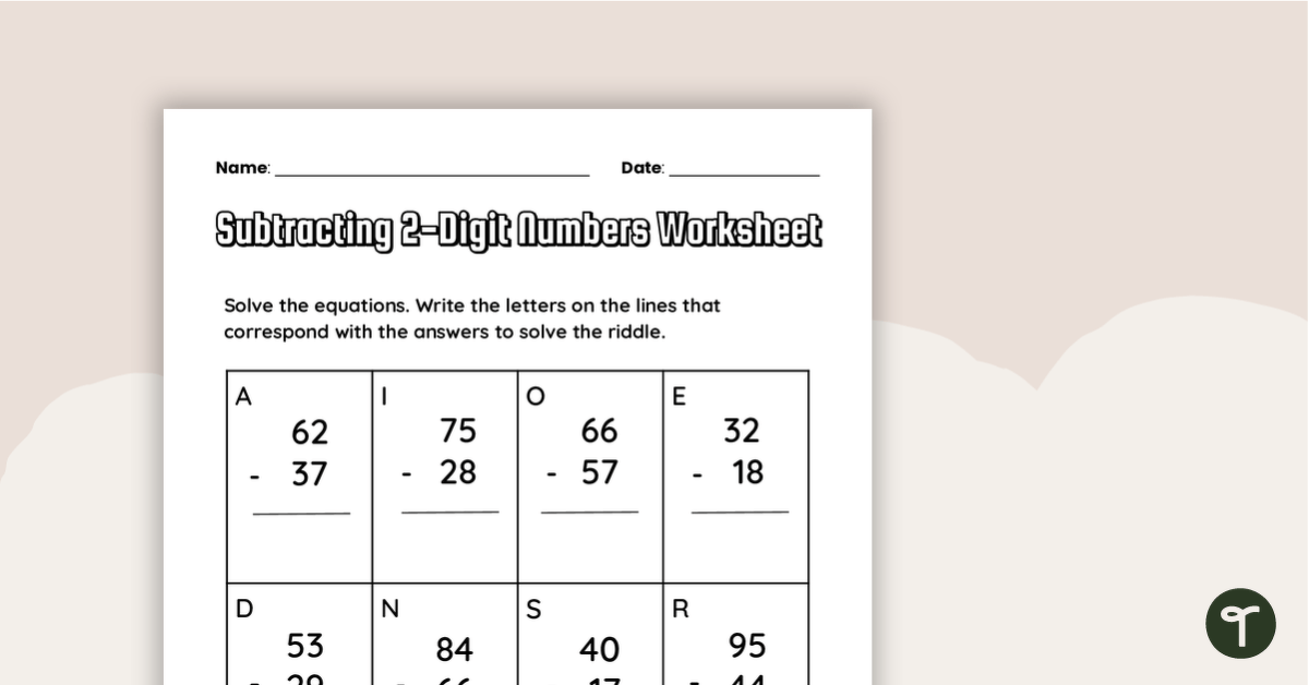 Subtracting 2-Digit Numbers Worksheet | Teach Starter - Worksheets Library