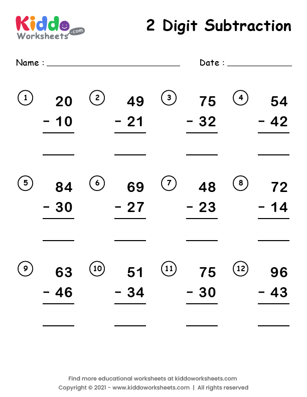Free Printable 2 Digit Subtraction Worksheet - kiddoworksheets
