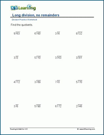 Division, no remainders, 2-digit by1-digit worksheets | Worsheets library