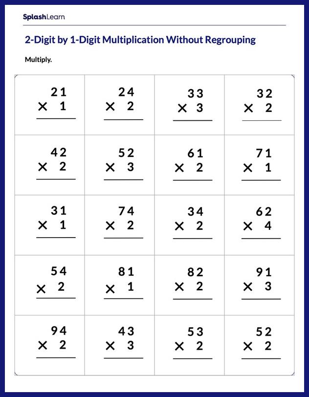 Multiply 2-Digit by 1-Digit without Regrouping - Math Worksheets ...