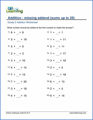 Grade 2 Math Worksheet - Adding two one-digit numbers, missing ...