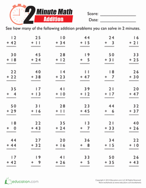 2 Math Minutes: Addition | Worksheet 
