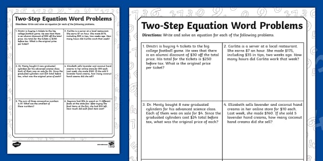 2 step equations word problems worksheet