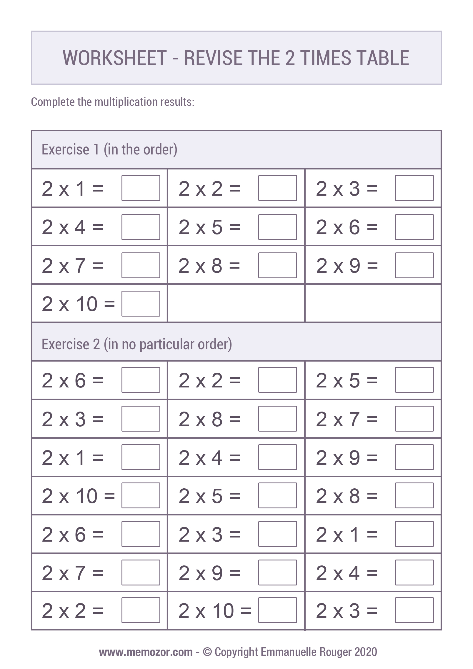2 times table worksheet printable