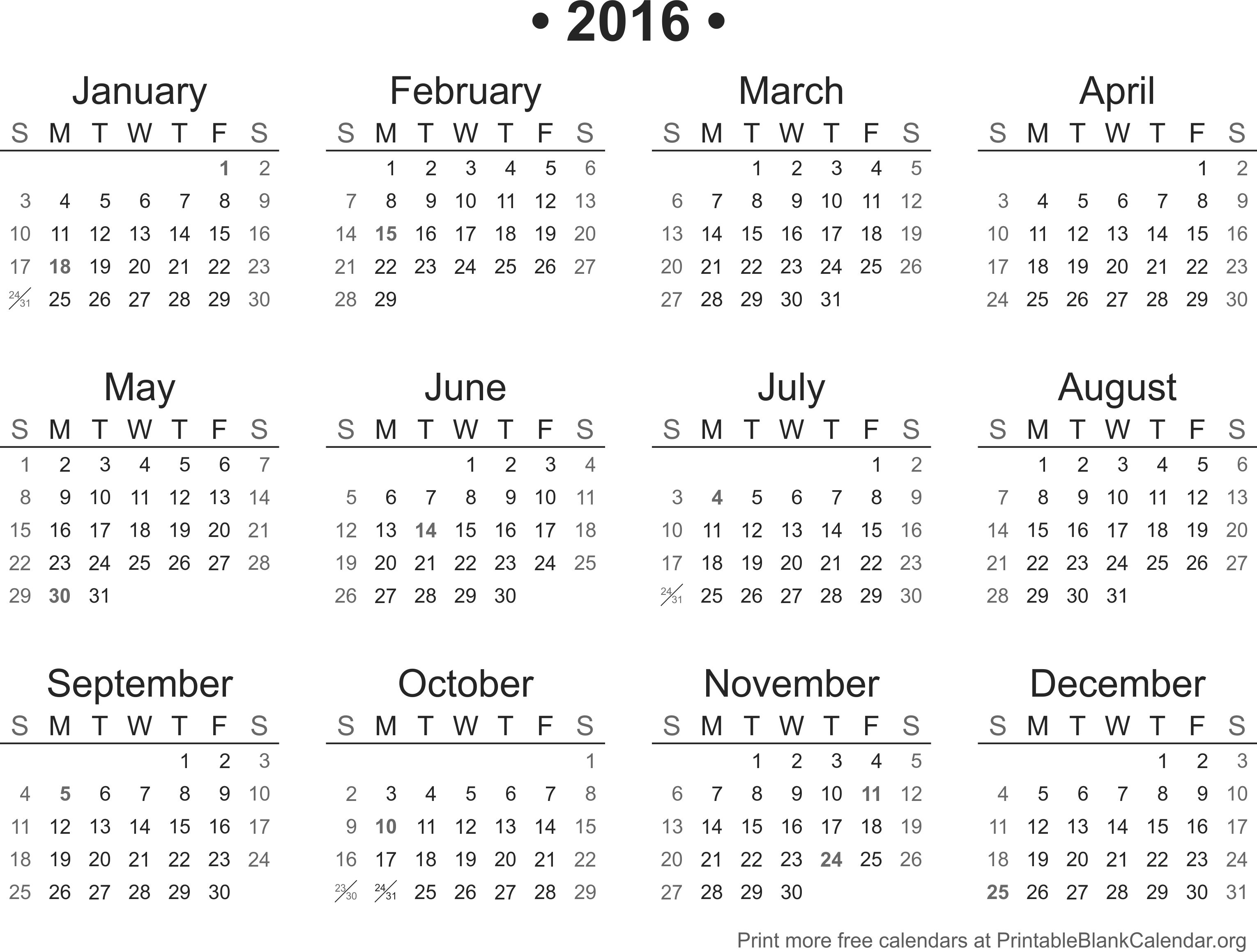 2016 Printable Calendar - Printable Blank Calendar.org