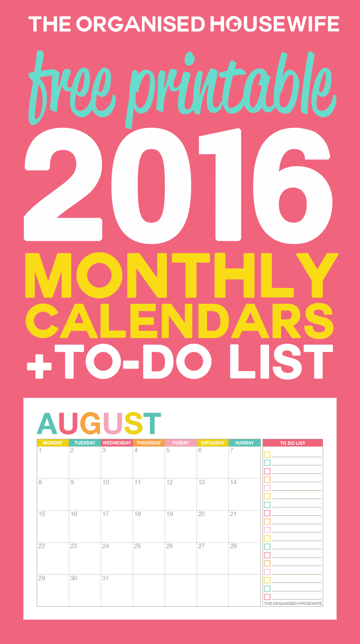 2016 printable calendar by month