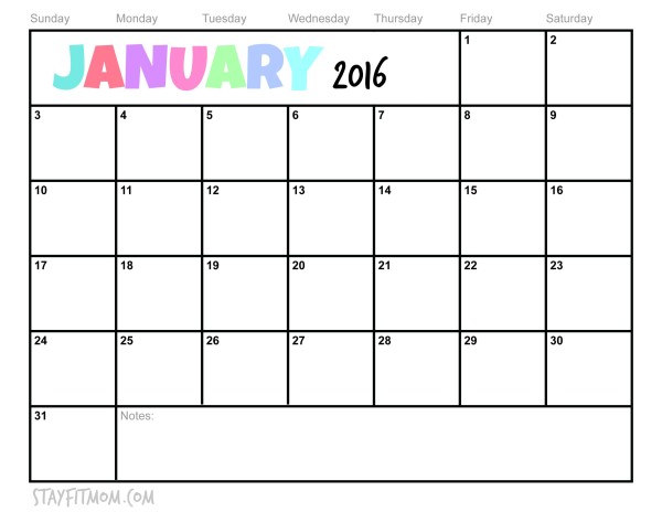 January 2016 Printable Calendar - Stay Fit Mom