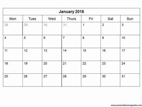 Free 2016 Monthly Calendar Template