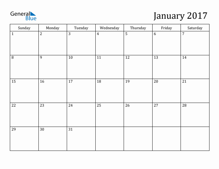 January 2017 Monthly Calendar