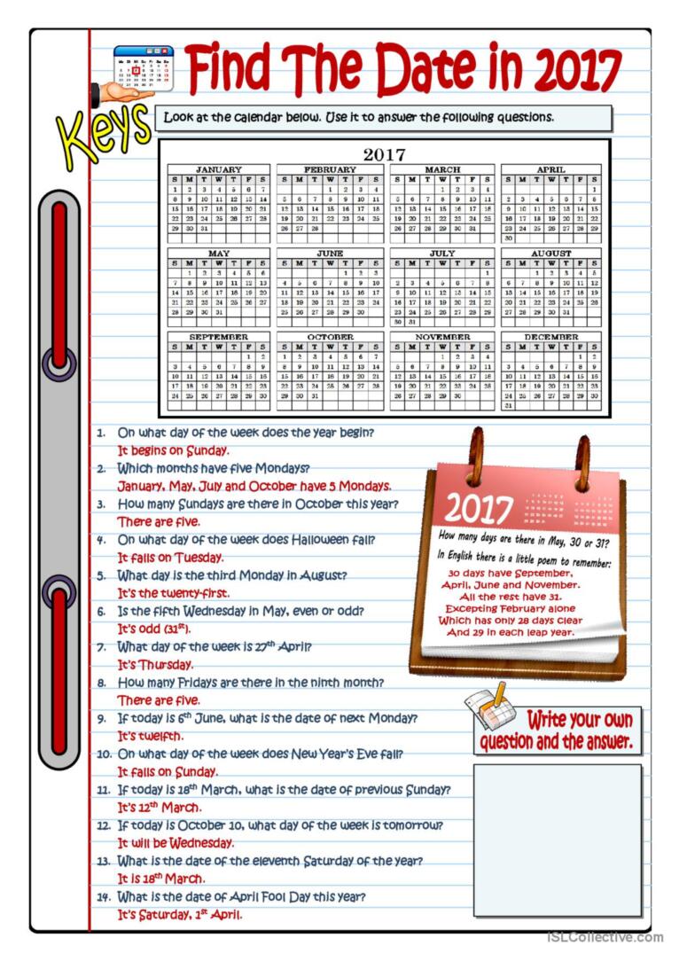 FIND THE DATE IN 2017: English ESL worksheets pdf &  doc