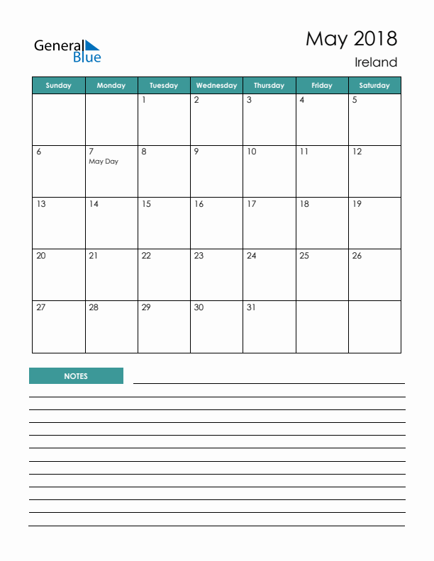 Monthly Planner with Ireland Holidays - May 2018