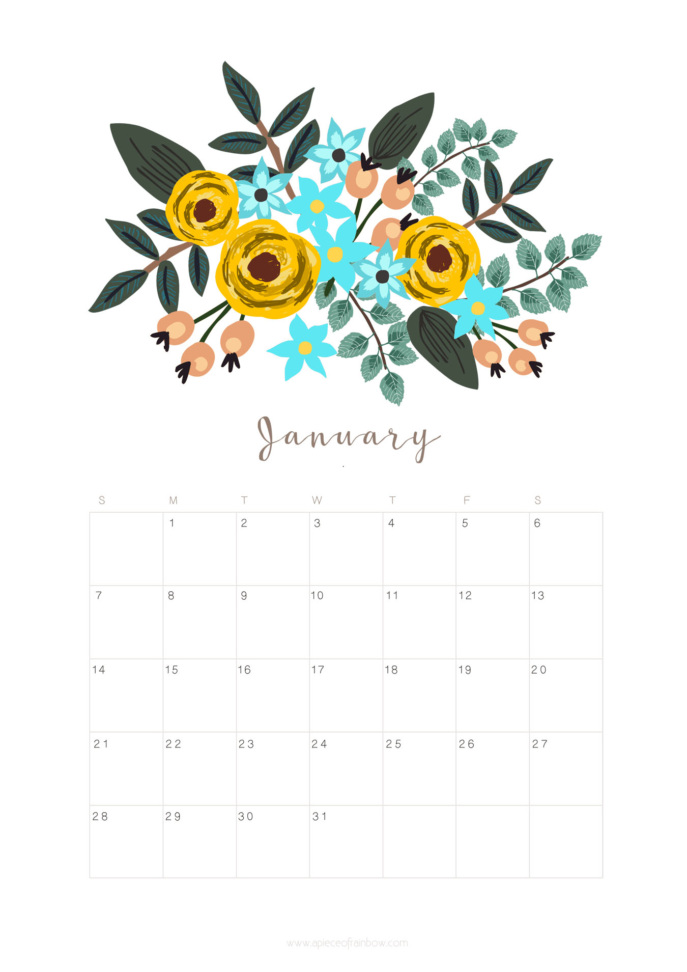 Printable January 2018 Calendar Monthly Planner - Floral Design ...