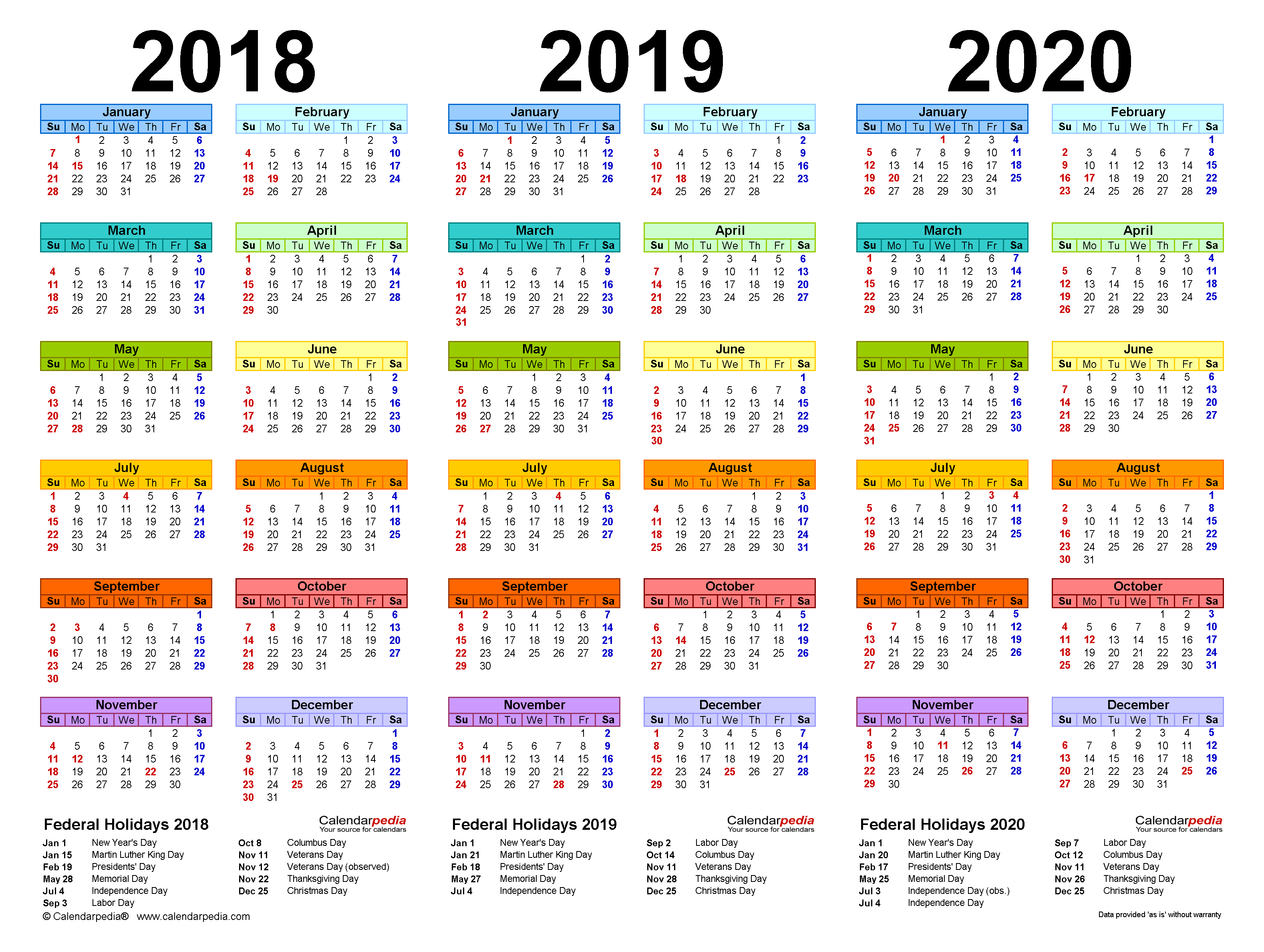 2018-2020 Three Year Calendar - Free Printable PDF Templates