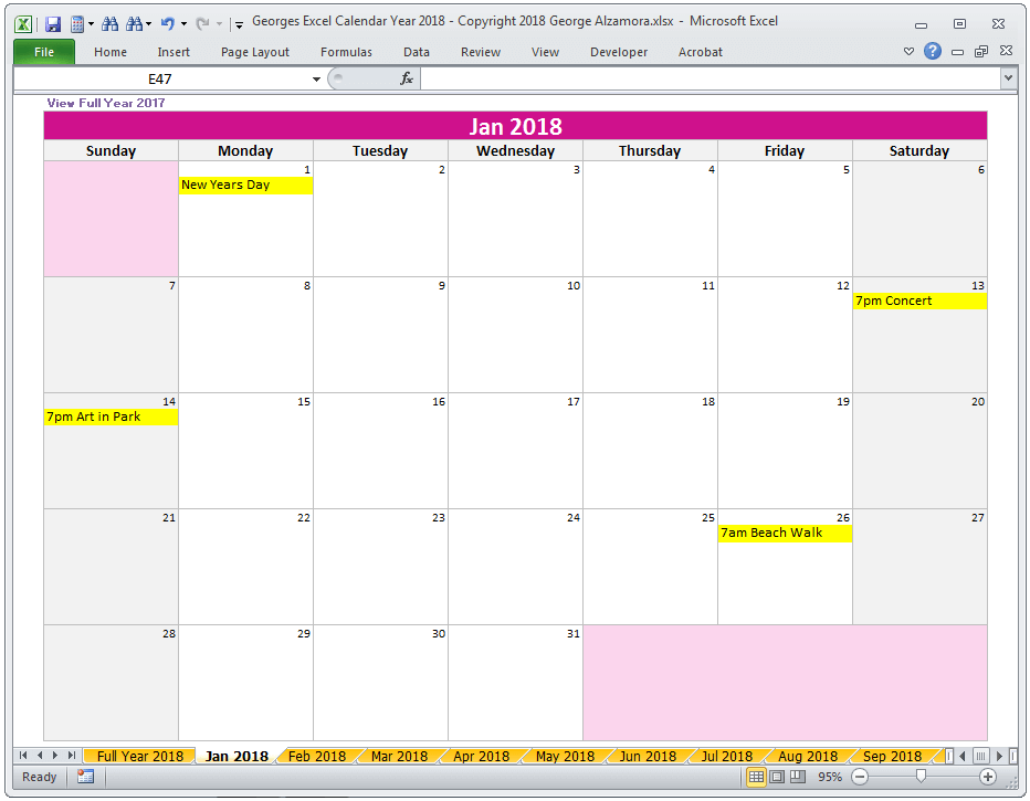 2018 Calendar Year in Excel Spreadsheet - Printable - Digital ...