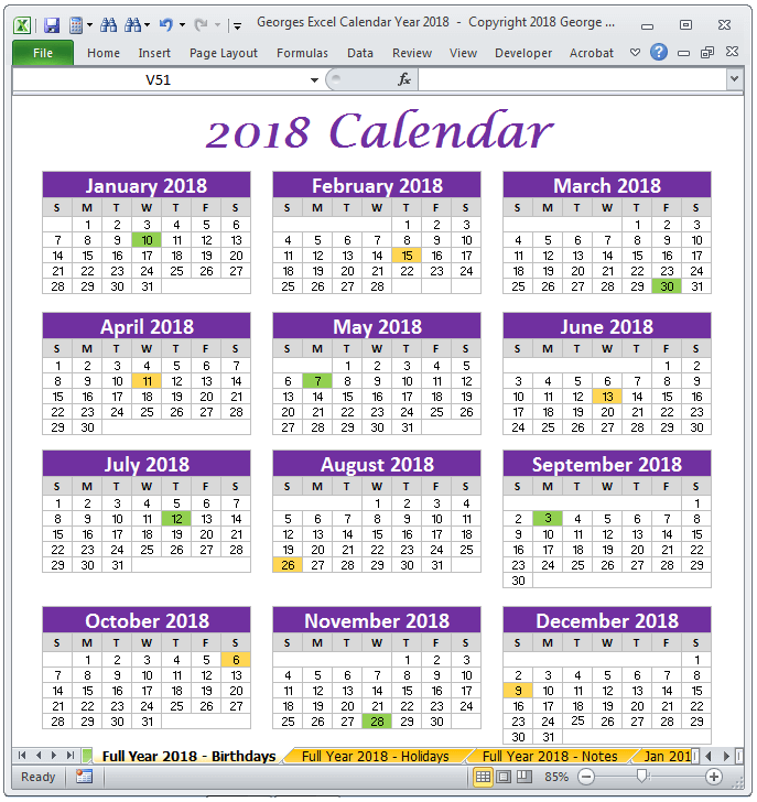 2018 Calendar Year in Excel Spreadsheet - Printable - Digital ...