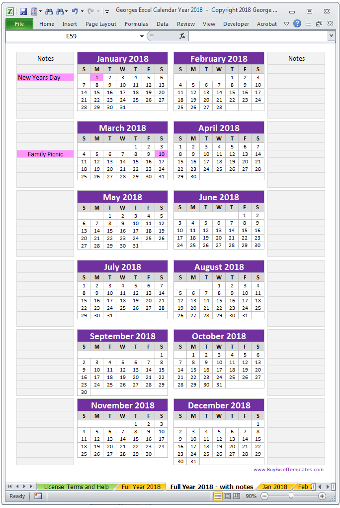 2018 Calendar Year in Excel Spreadsheet - Printable - Digital ...
