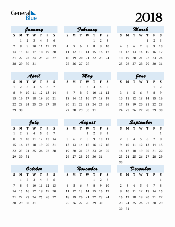 Free Downloadable Calendar for Year 2018