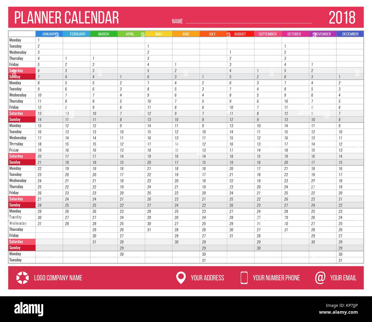 English calendar planner for year 2018. 12 months, corporate ...