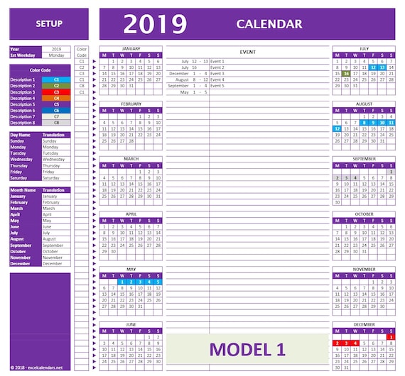 Any Year Event Calendar Excel Template Automated Color Markers for ...
