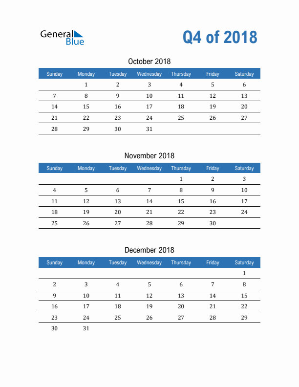 Q4 Quarterly Calendar 2018 in PDF, Word, Excel