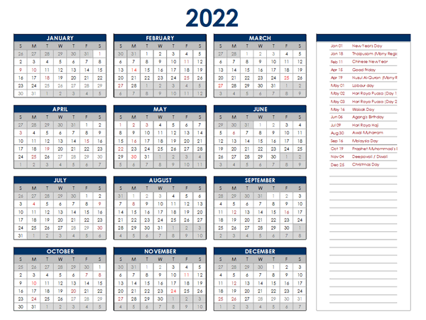 2022 Malaysia Annual Calendar with Holidays - Free Printable Templates