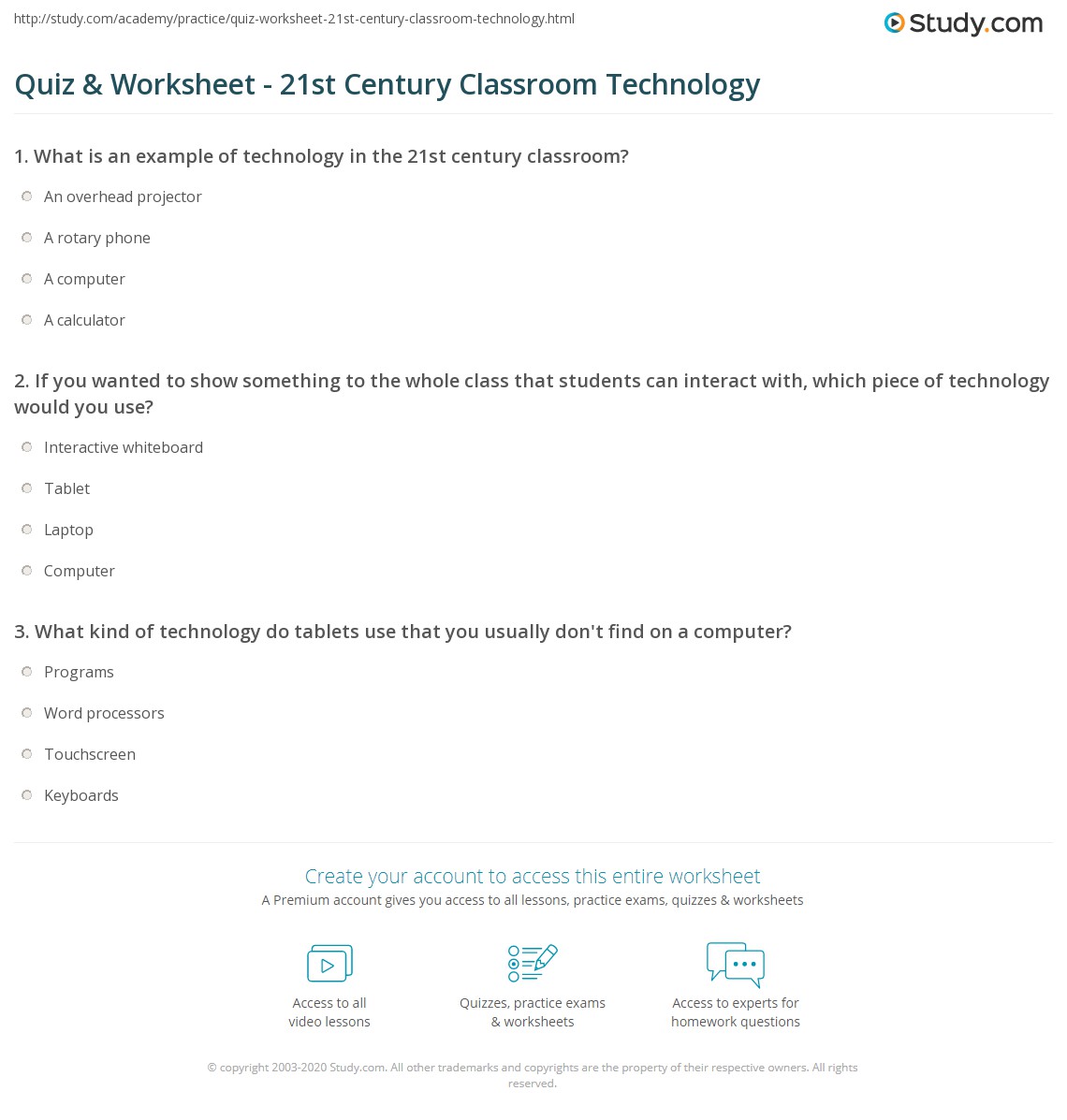 Quiz &  Worksheet - 21st Century Classroom Technology | Study.com