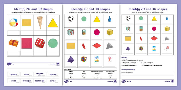 3D and 2D Shapes Identification Worksheets - Maths - KS2