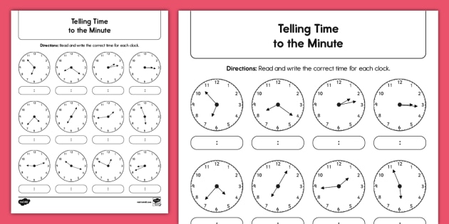 Second Grade Telling Time to the Minute Activity Sheet