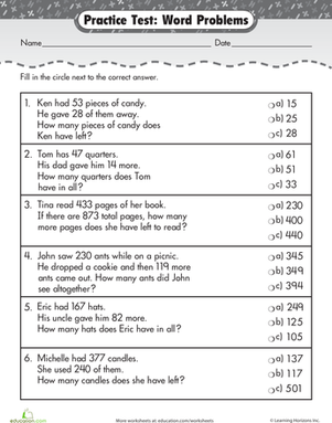 Practice Test: Addition &  Subtraction Word Problems | Worksheet ...